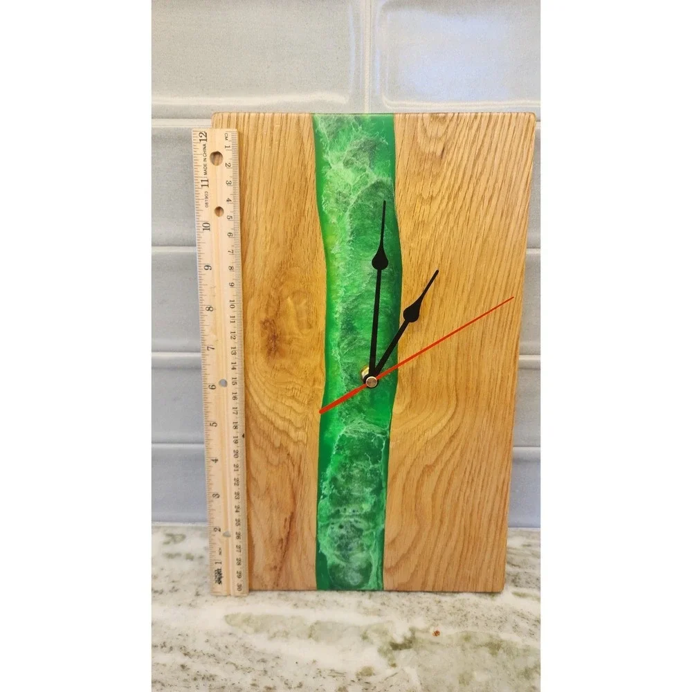 Wood and Green Epoxy Resin Wall Clock or Shelf Clock, Modern Home Decor